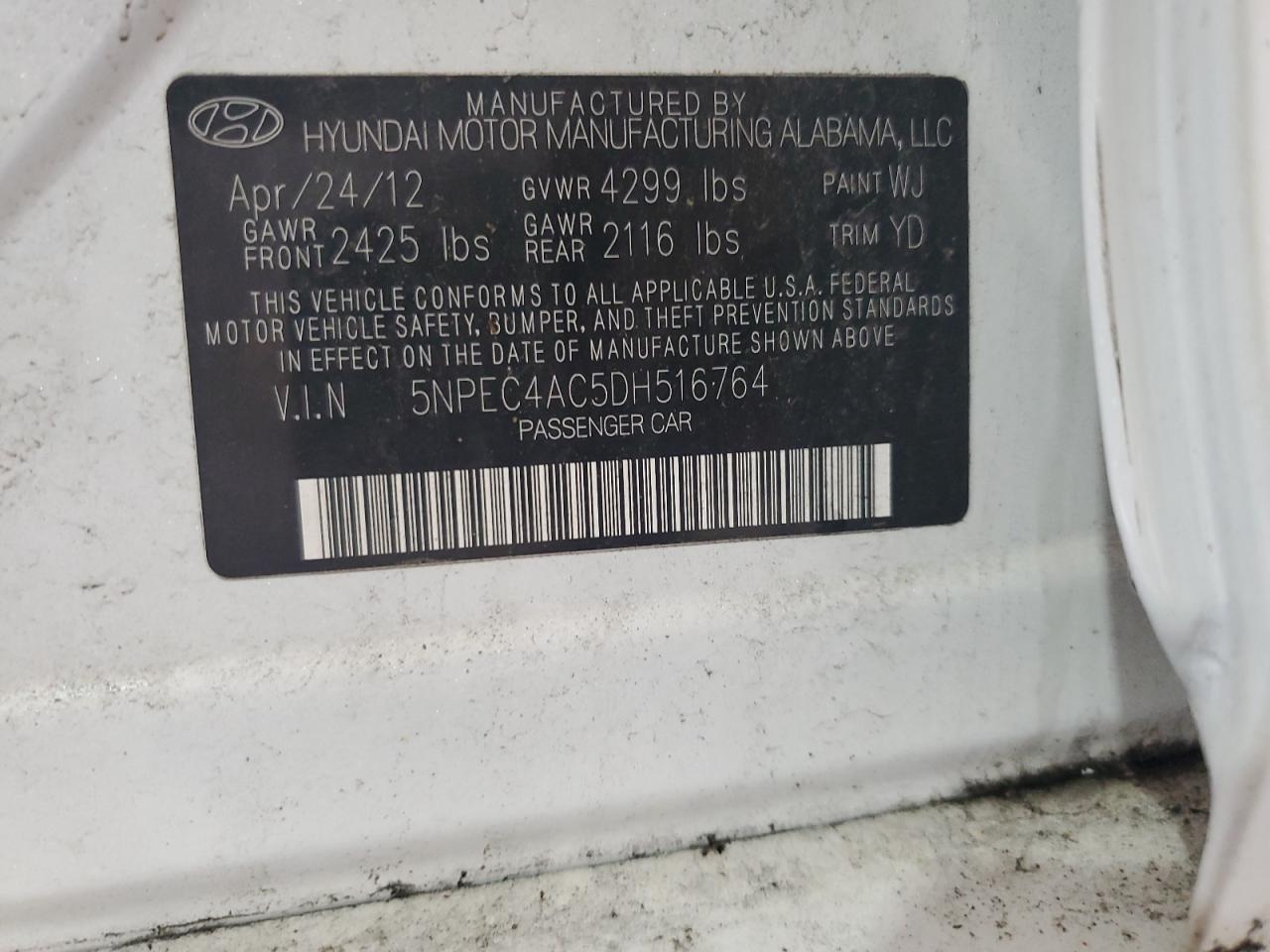 2013 Hyundai Sonata Se VIN: 5NPEC4AC5DH516764 Lot: 68748935