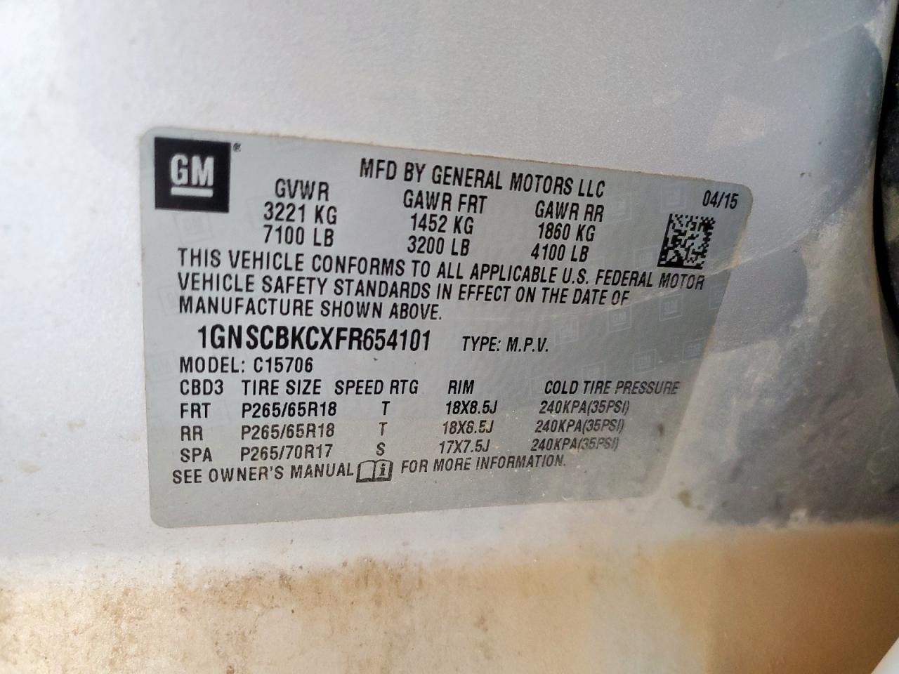 1GNSCBKCXFR654101 2015 Chevrolet Tahoe C1500 Lt