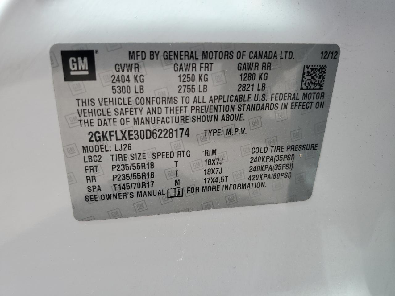 2013 GMC Terrain Slt VIN: 2GKFLXE30D6228174 Lot: 70708625