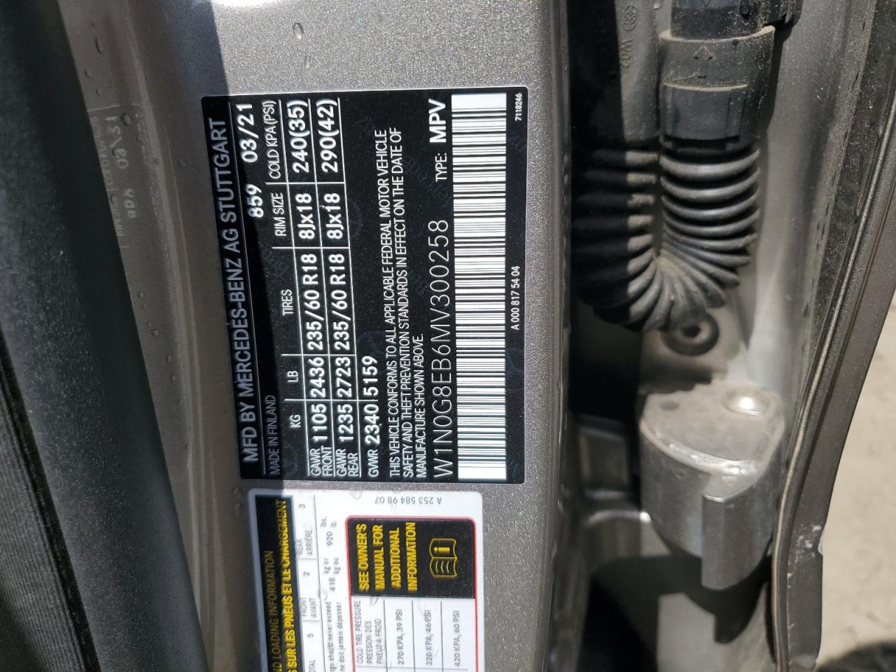 2021 Mercedes-Benz Glc 300 4Matic VIN: W1N0G8EB6MV300258 Lot: 67625915