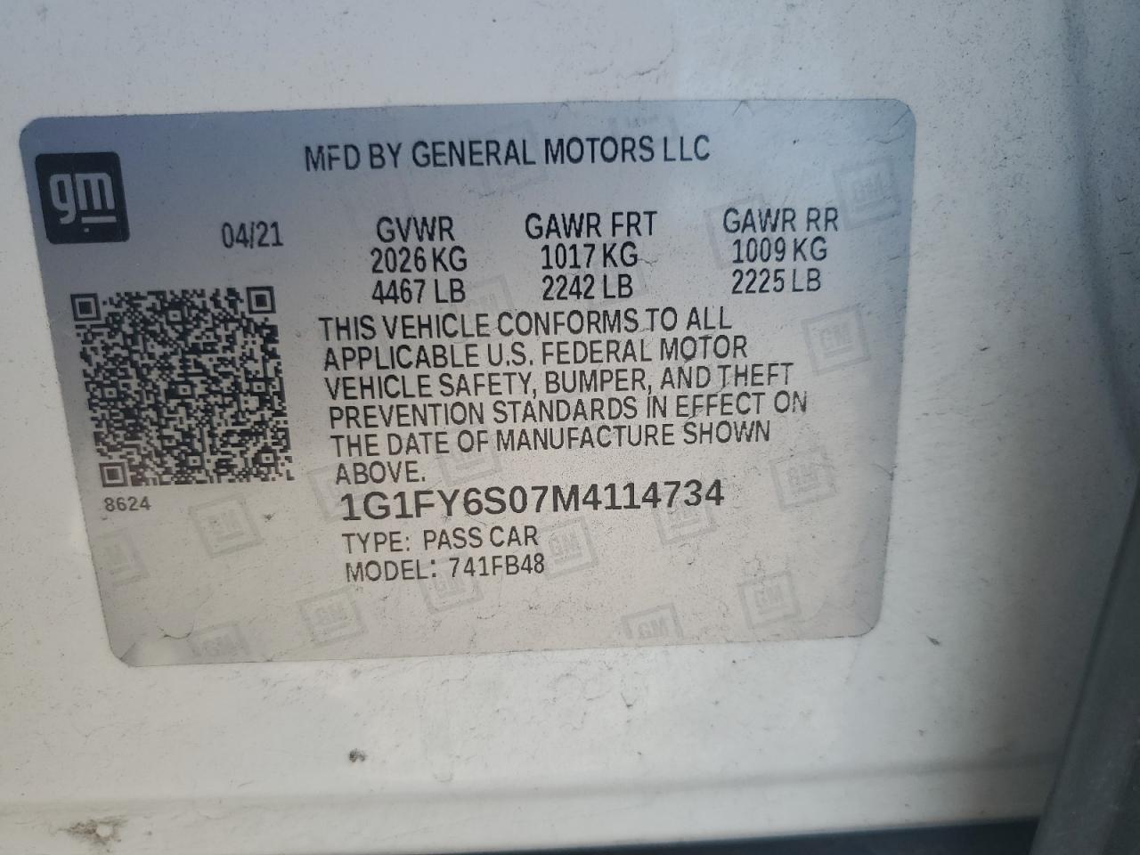 2021 Chevrolet Bolt Ev Lt VIN: 1G1FY6S07M4114734 Lot: 70752445