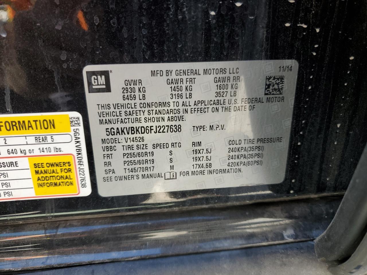 2015 Buick Enclave VIN: 5GAKVBKD6FJ227638 Lot: 69688755