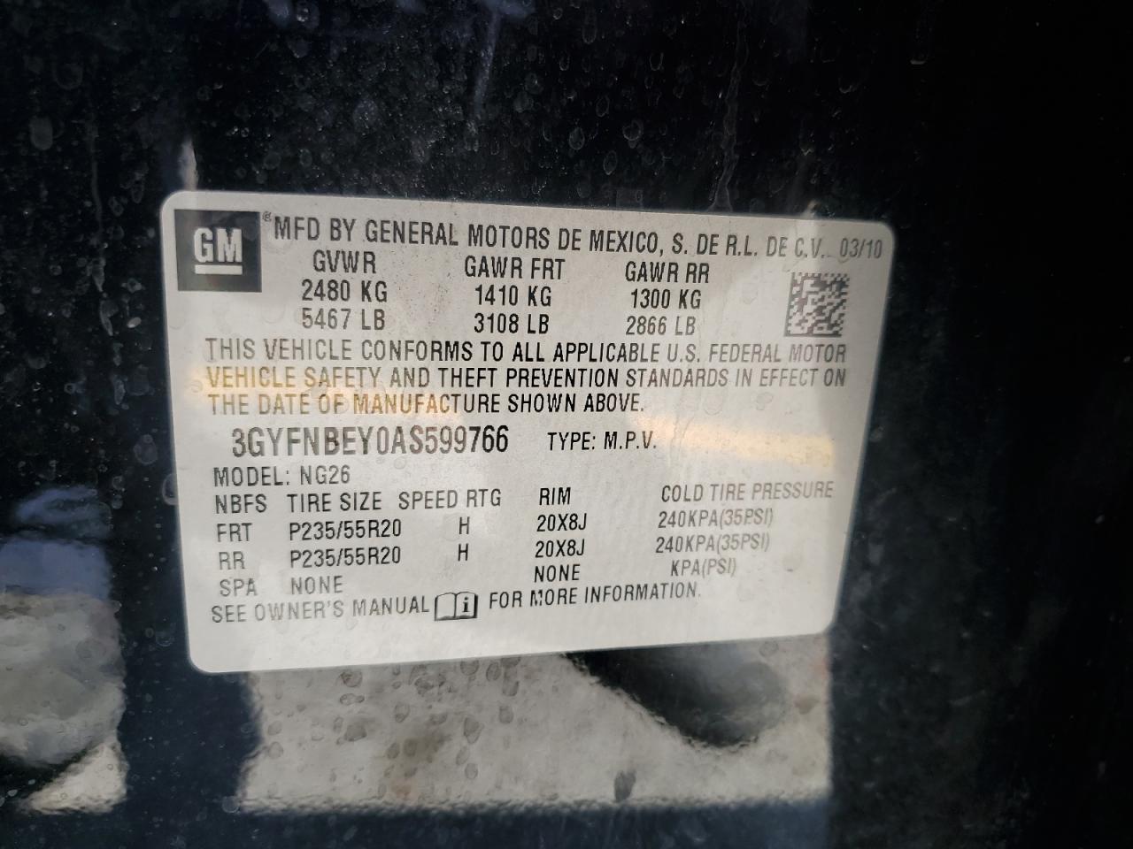 2010 Cadillac Srx Performance Collection VIN: 3GYFNBEY0AS599766 Lot: 68052105