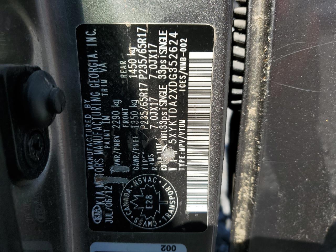 2013 Kia Sorento Lx VIN: 5XYKTDA2XDG352624 Lot: 69109365