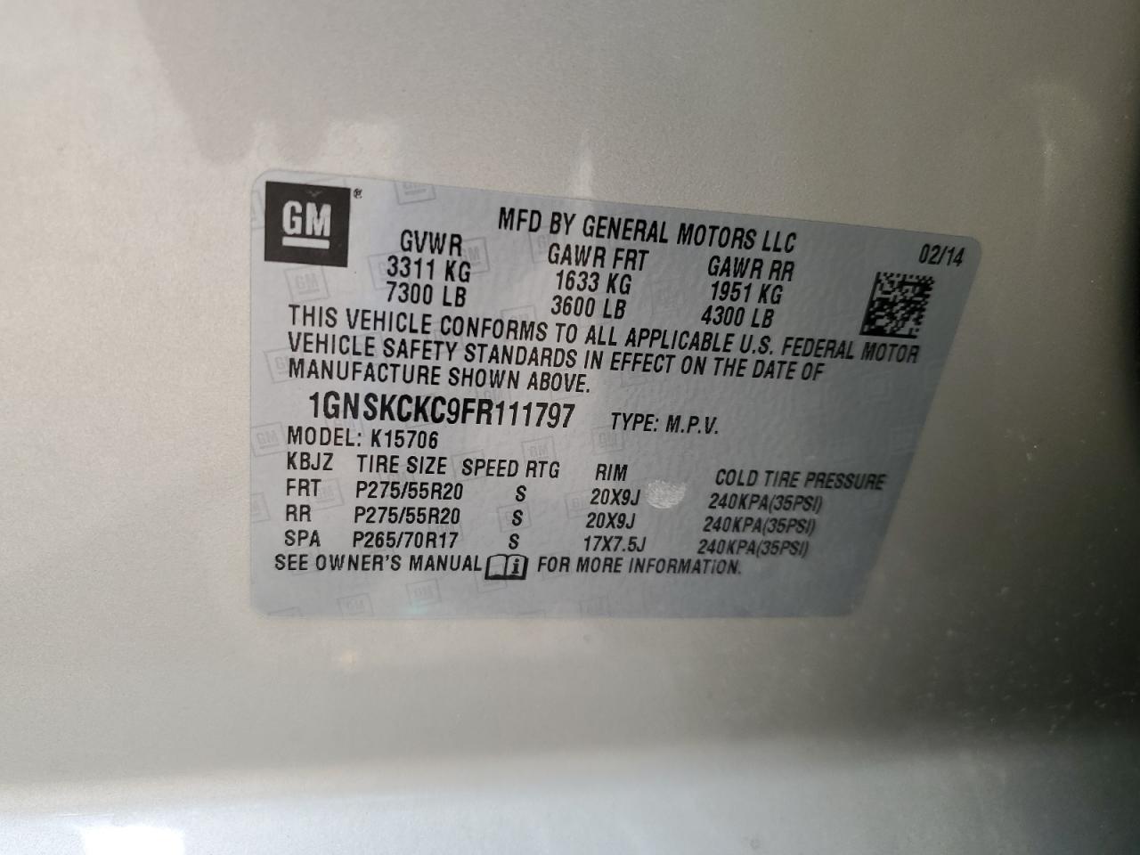 2015 Chevrolet Tahoe K1500 Ltz VIN: 1GNSKCKC9FR111797 Lot: 67271155