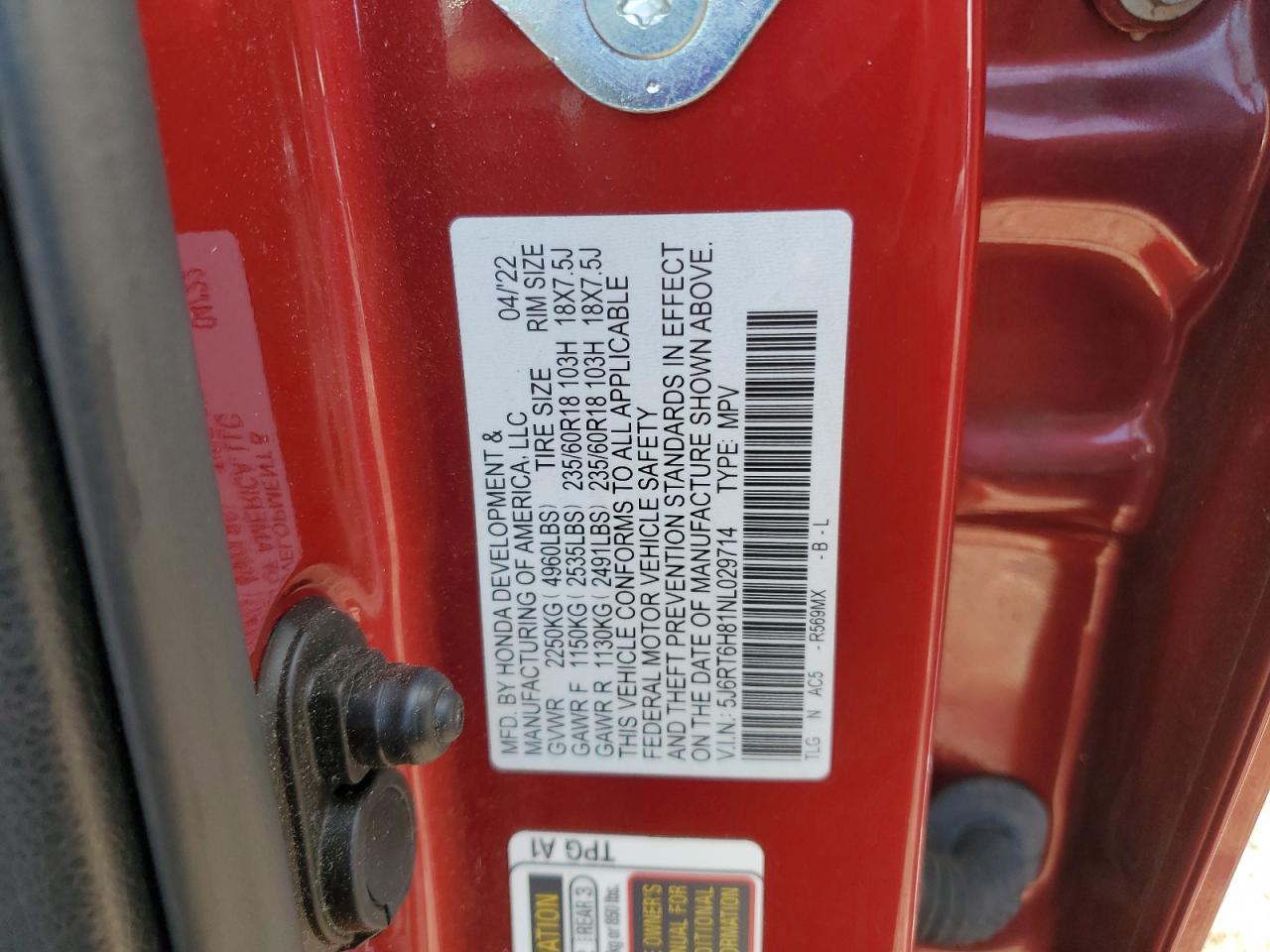 2022 Honda Cr-V Exl VIN: 5J6RT6H81NL029714 Lot: 71098305