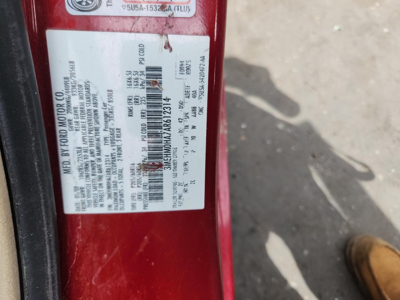 2010 Mercury Milan VIN: 3MEHM0HA7AR612314 Lot: 70621515