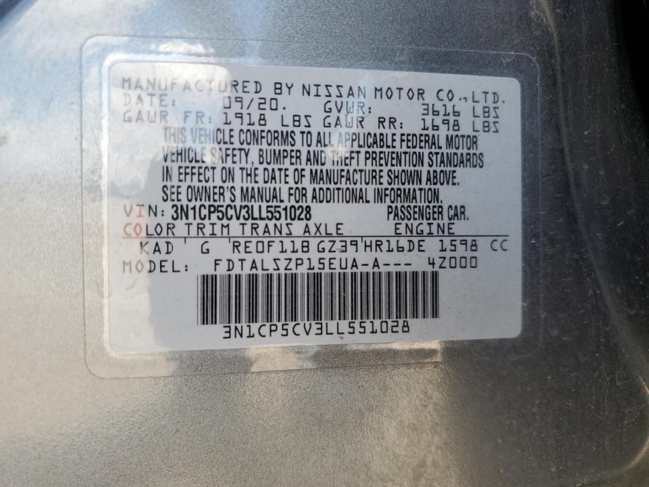 2020 Nissan Kicks Sv VIN: 3N1CP5CV3LL551028 Lot: 68540755