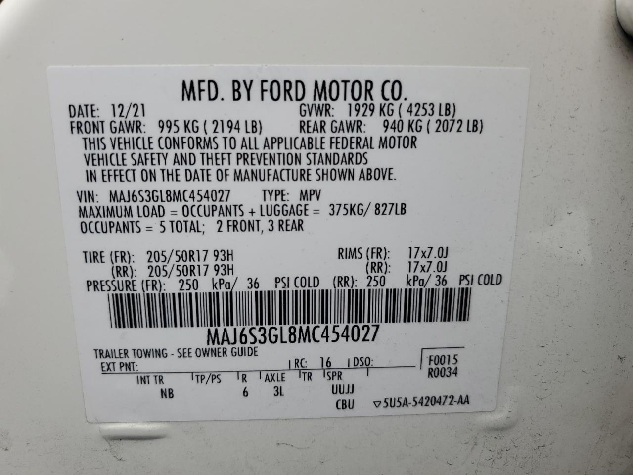 2021 Ford Ecosport Se VIN: MAJ6S3GL8MC454027 Lot: 70537345
