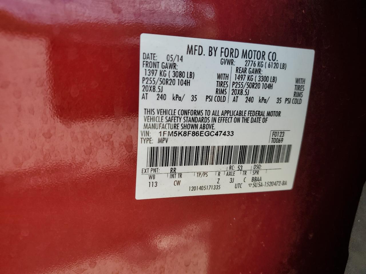 2014 Ford Explorer Limited VIN: 1FM5K8F86EGC47433 Lot: 70284685