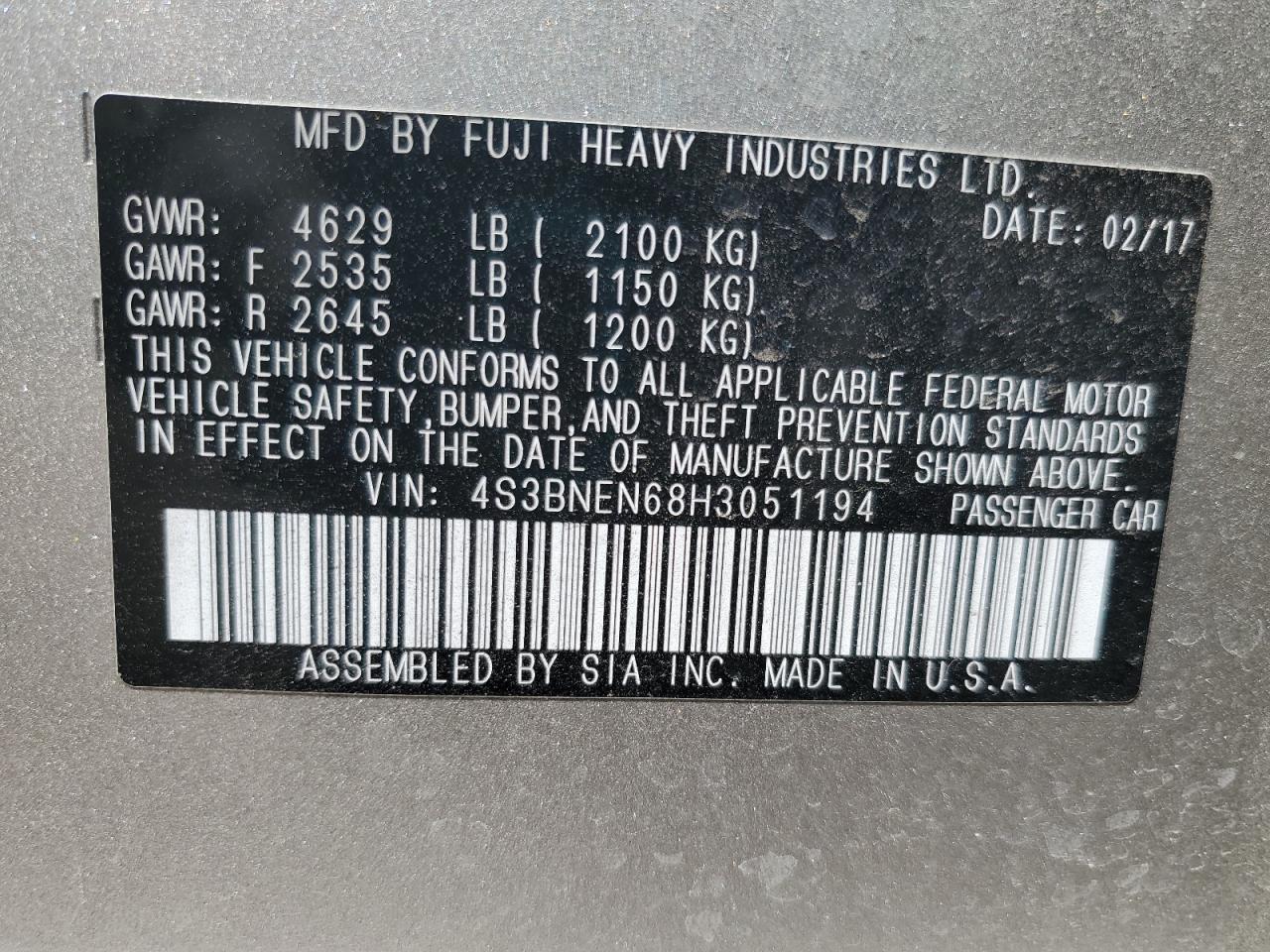 2017 Subaru Legacy 3.6R Limited VIN: 4S3BNEN68H3051194 Lot: 69147745