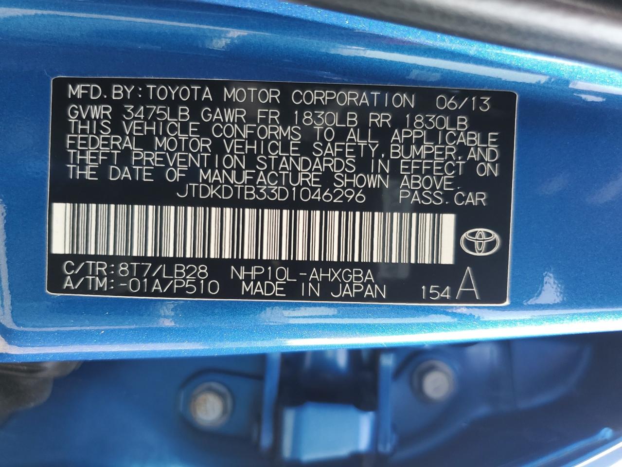2013 Toyota Prius C VIN: JTDKDTB33D1046296 Lot: 68817095