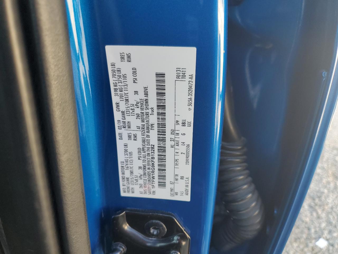 2019 Ford F150 Raptor VIN: 1FTFW1RG9KFB13282 Lot: 69881915