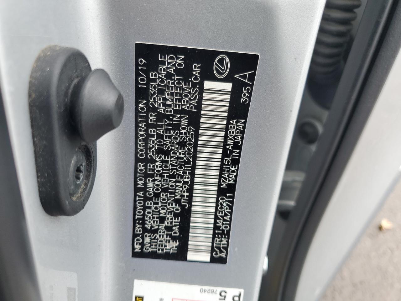 2020 Lexus Ux 250H VIN: JTHP9JBH1L2020259 Lot: 68152555