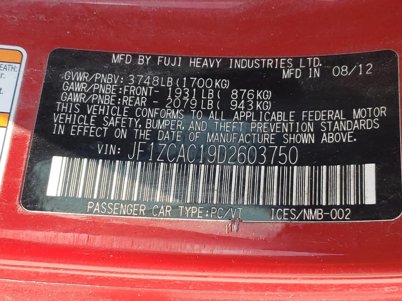 2013 Subaru Brz 2.0 Limited VIN: JF1ZCAC19D2603750 Lot: 68530335