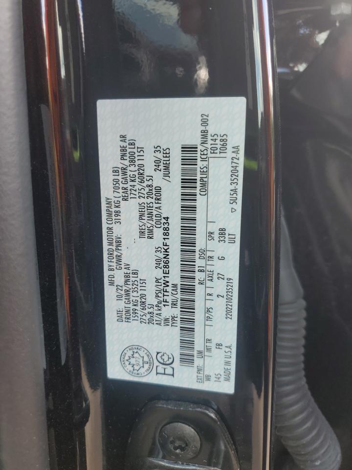 2022 Ford F150 Supercrew VIN: 1FTFW1E86NKF18834 Lot: 69770395