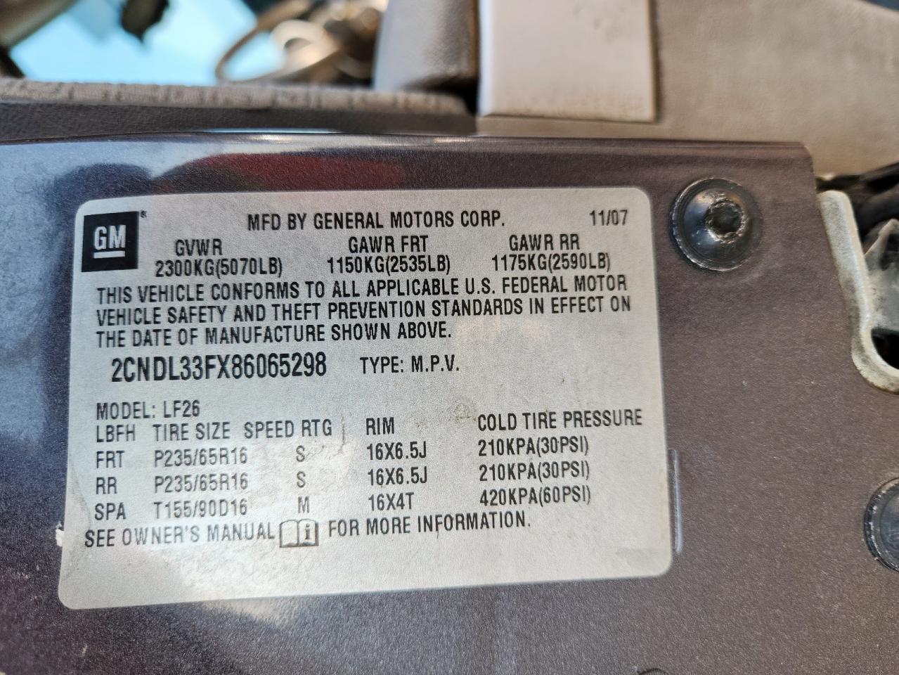 2008 Chevrolet Equinox Lt VIN: 2CNDL33FX86065298 Lot: 70233515