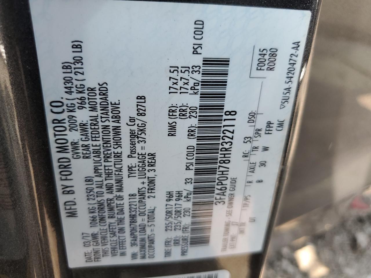 2017 Ford Fusion Se VIN: 3FA6P0H78HR322118 Lot: 67484395