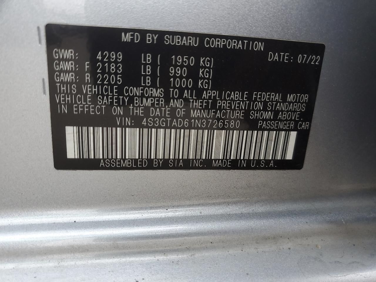 2022 Subaru Impreza Premium VIN: 4S3GTAD61N3726580 Lot: 67640045