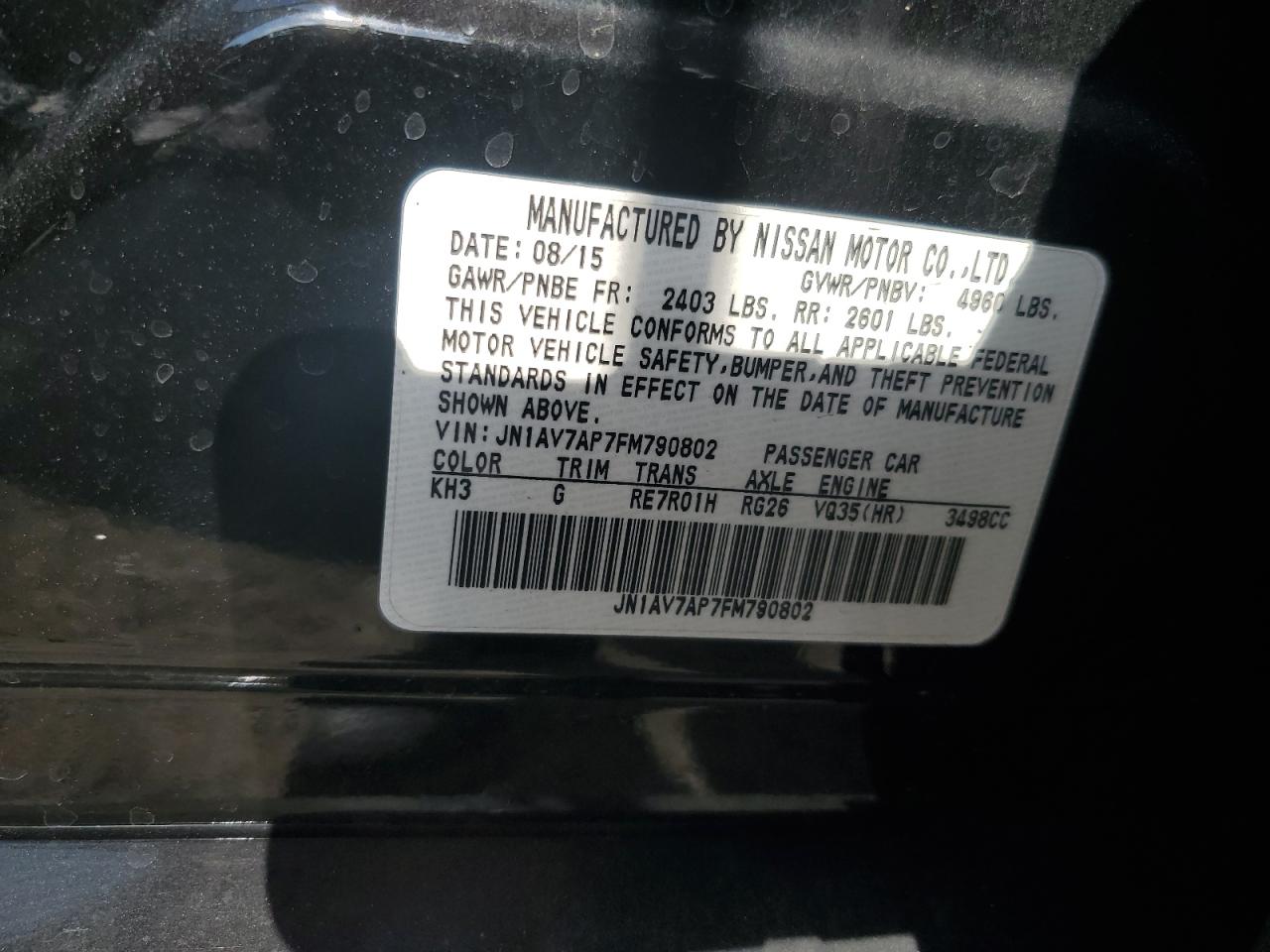 2015 Infiniti Q50 Hybrid Premium VIN: JN1AV7AP7FM790802 Lot: 69781555