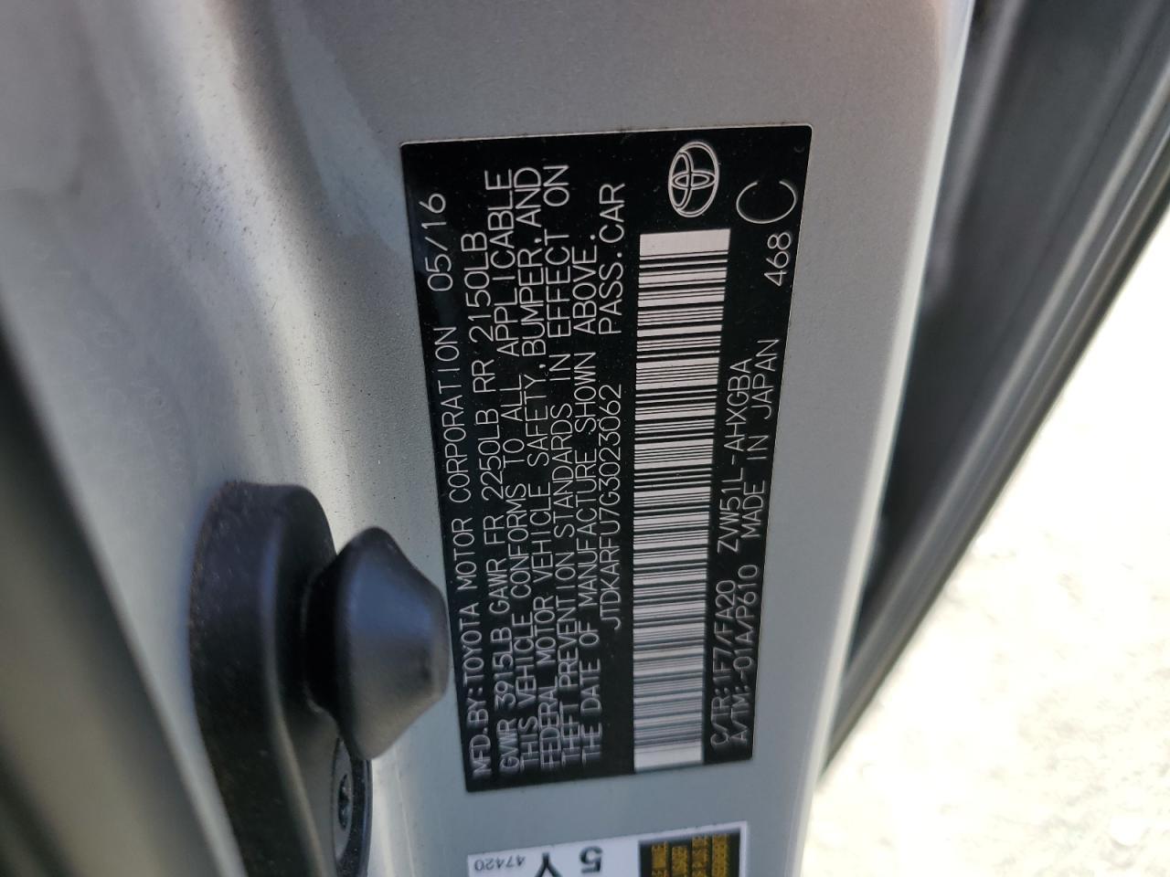 2016 Toyota Prius VIN: JTDKARFU7G3023062 Lot: 69150325