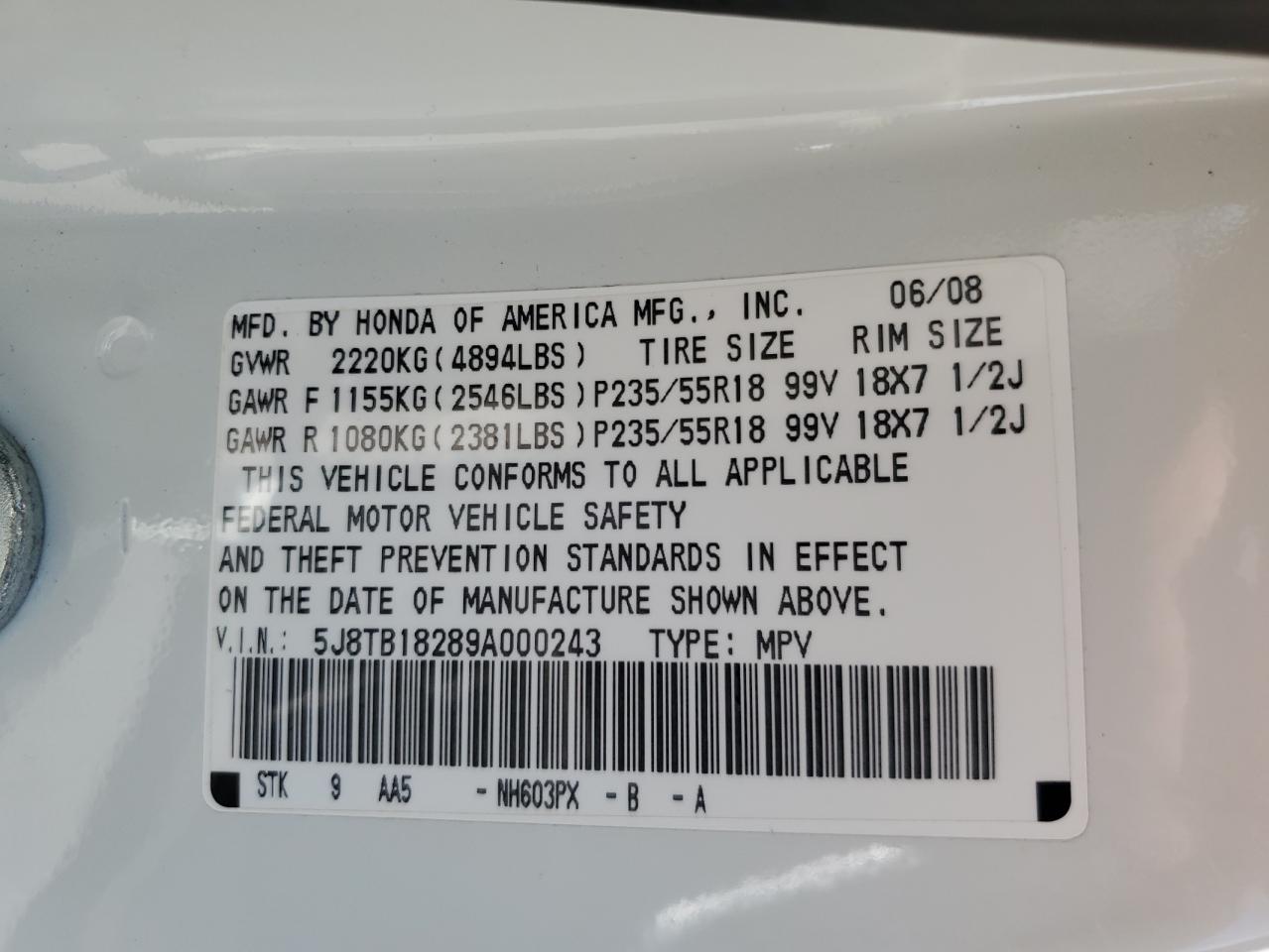 2009 Acura Rdx VIN: 5J8TB18289A000243 Lot: 70850155