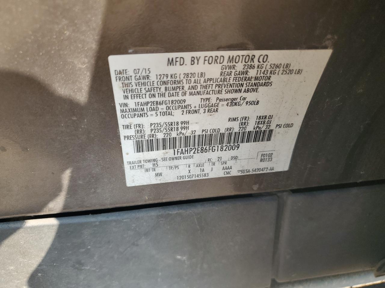 2015 Ford Taurus Sel VIN: 1FAHP2E86FG182009 Lot: 68861595