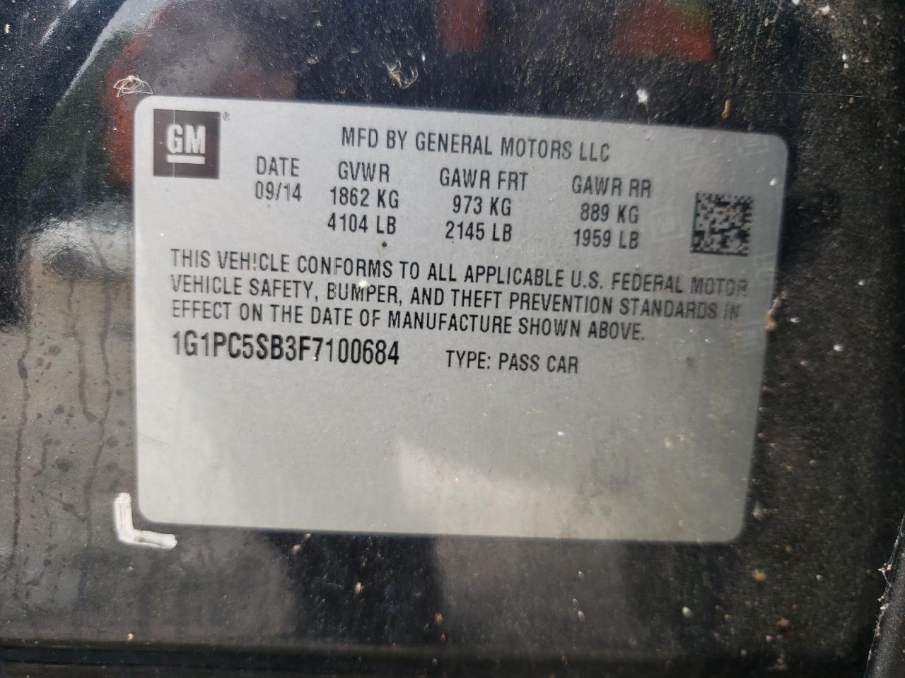 2015 Chevrolet Cruze Lt VIN: 1G1PC5SB3F7100684 Lot: 67421865