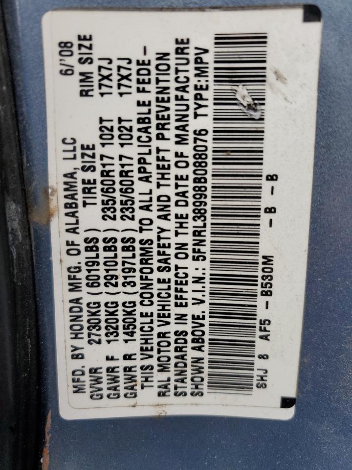 2008 Honda Odyssey Touring VIN: 5FNRL38998B088076 Lot: 66926675