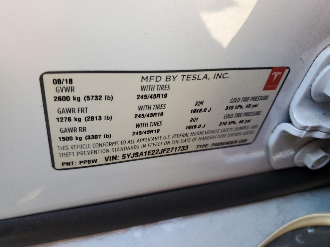 2018 Tesla Model S VIN: 5YJSA1E22JF271733 Lot: 67397235