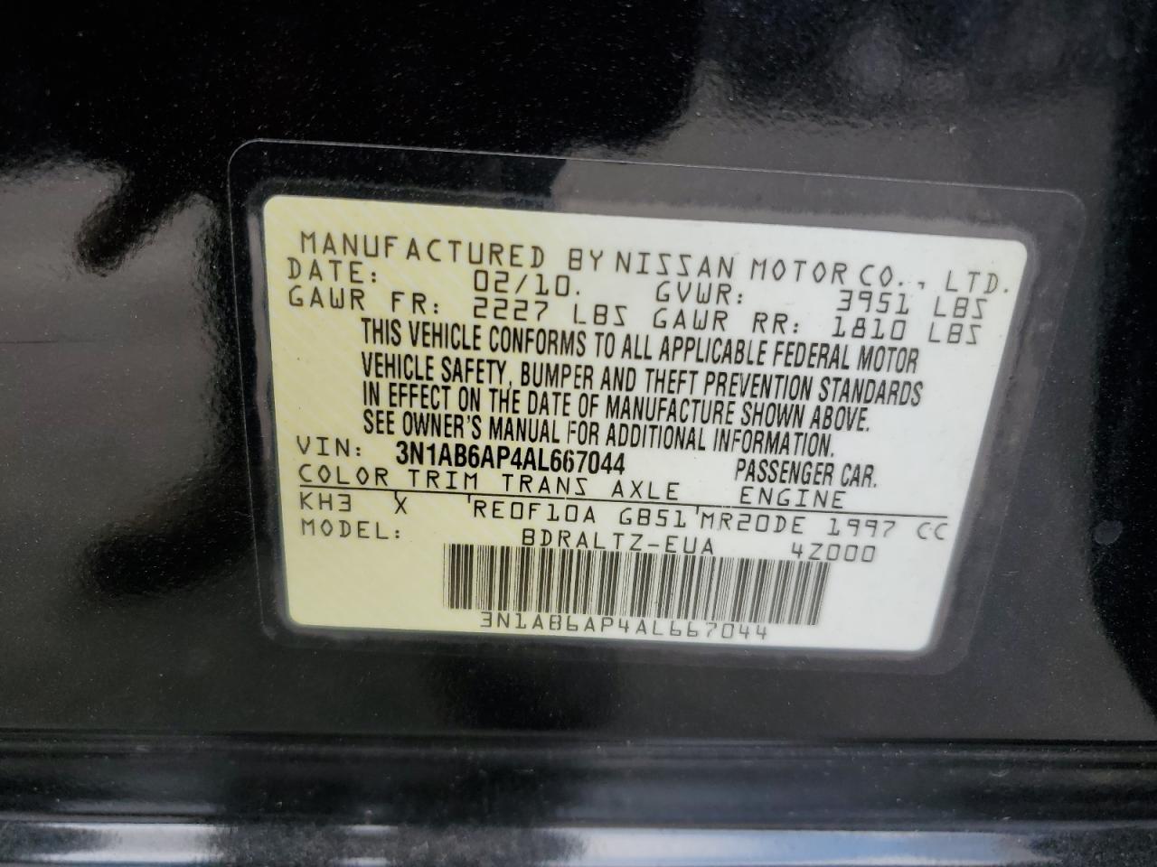 2010 Nissan Sentra 2.0 VIN: 3N1AB6AP4AL667044 Lot: 69219645