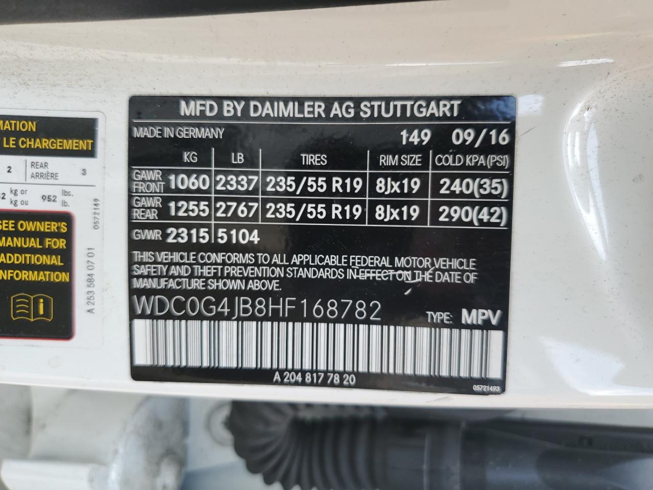 2017 Mercedes-Benz Glc 300 VIN: WDC0G4JB8HF168782 Lot: 70383735