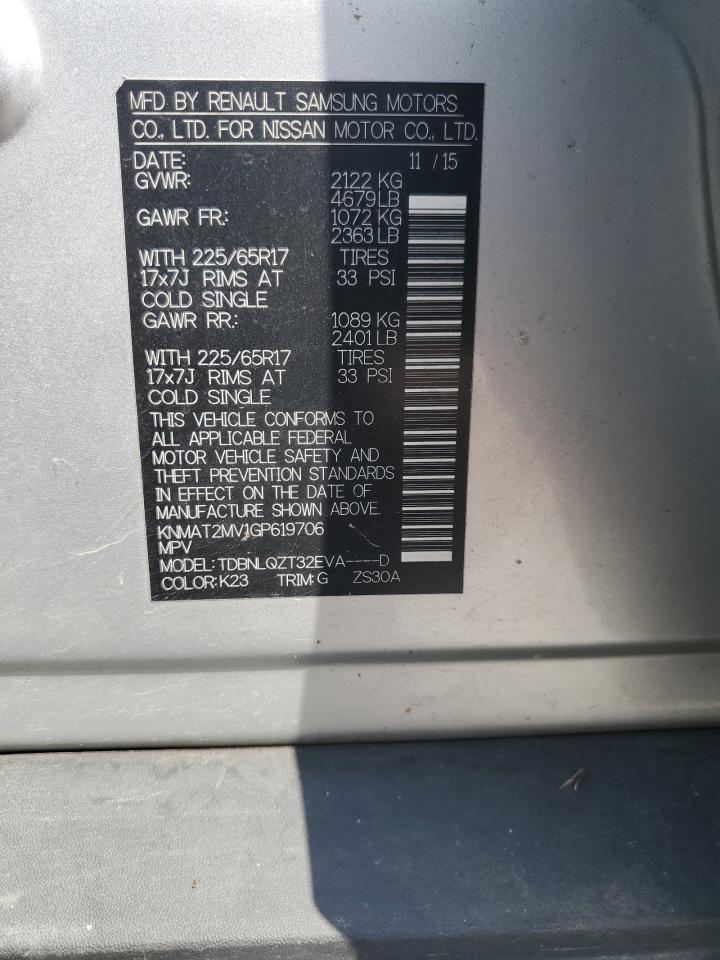 2016 Nissan Rogue S VIN: KNMAT2MV1GP619706 Lot: 67012295