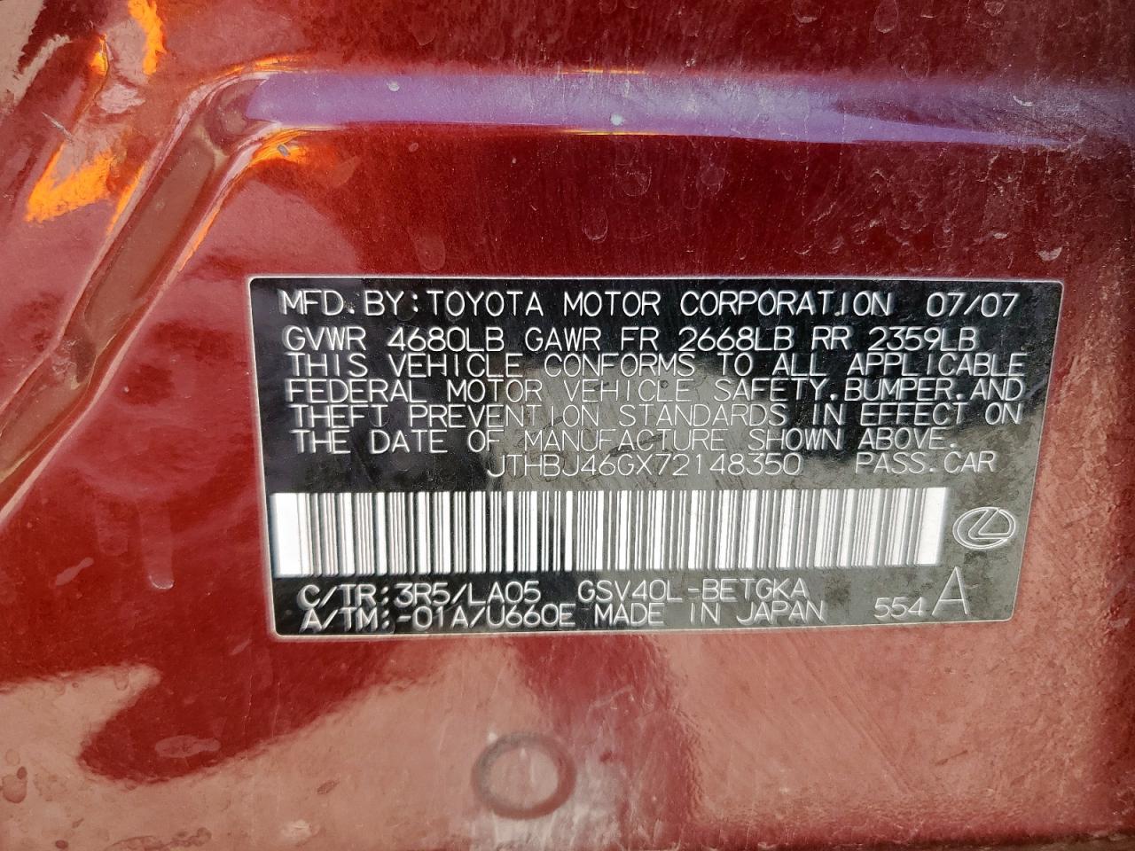 2007 Lexus Es 350 VIN: JTHBJ46GX72148350 Lot: 70480585