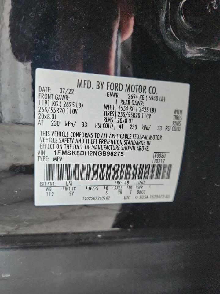 2022 Ford Explorer Xlt VIN: 1FMSK8DH2NGB96275 Lot: 68205745