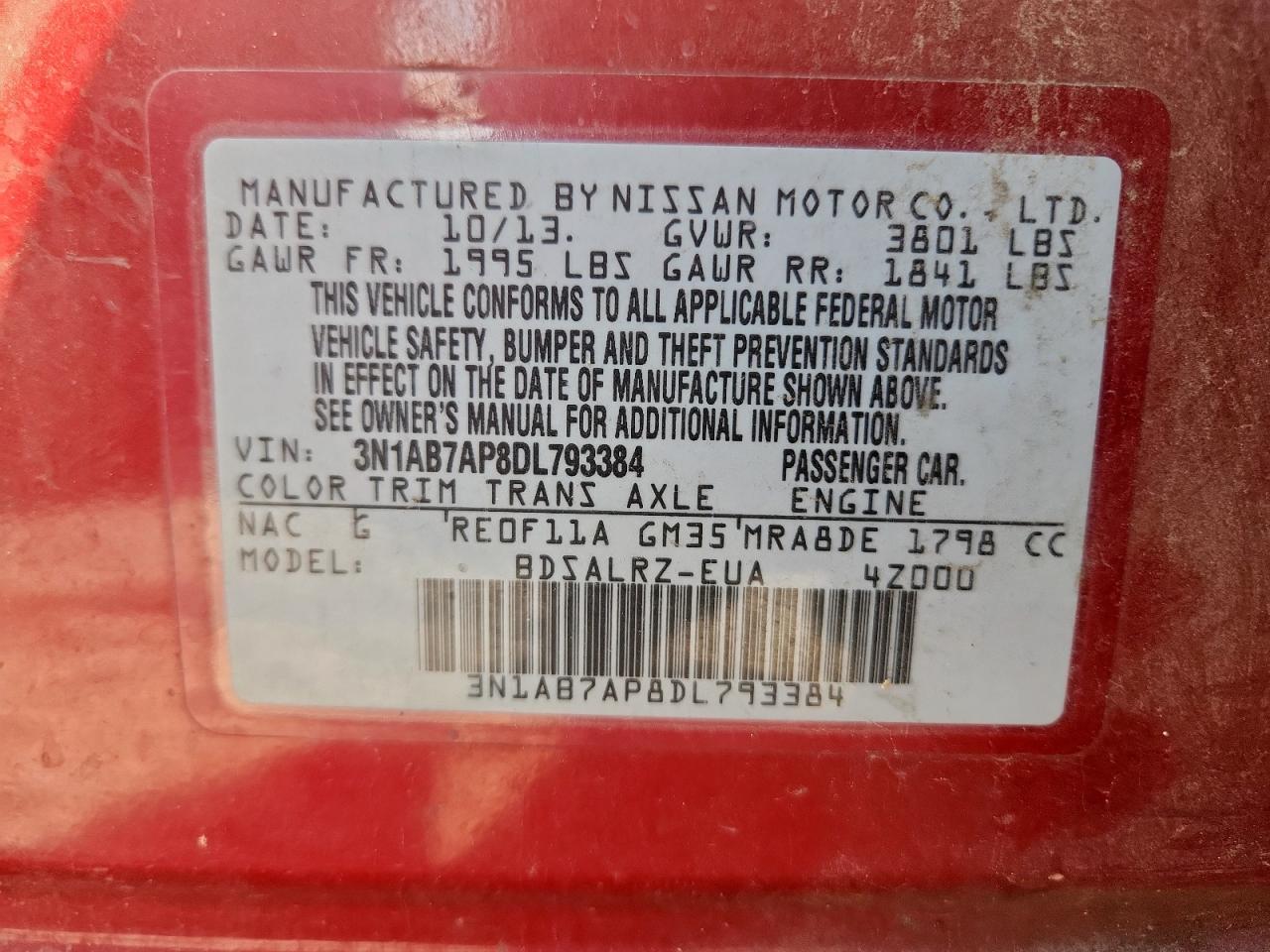 2013 Nissan Sentra S VIN: 3N1AB7AP8DL793384 Lot: 70224175