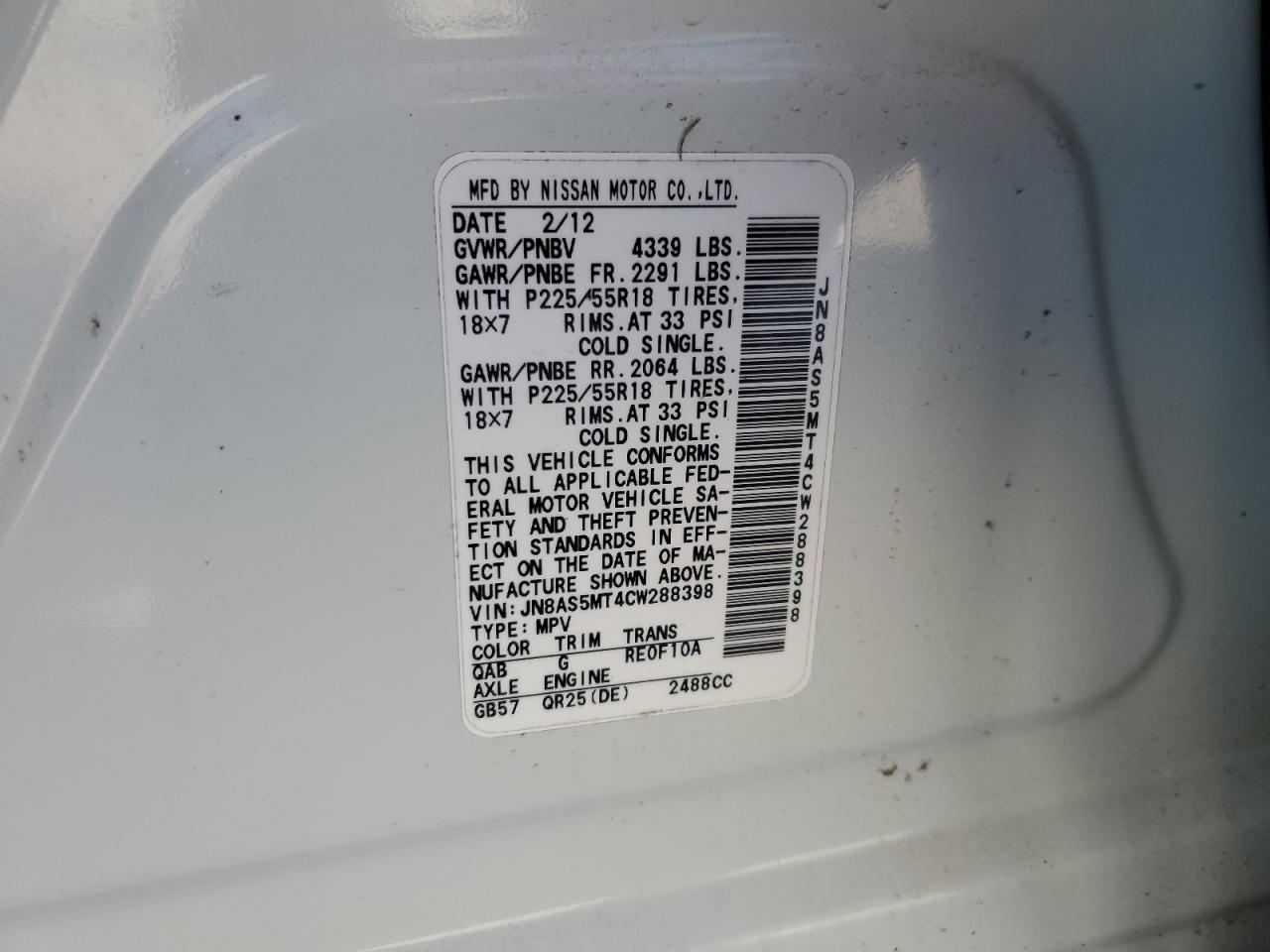 2012 Nissan Rogue S VIN: JN8AS5MT4CW288398 Lot: 68383915