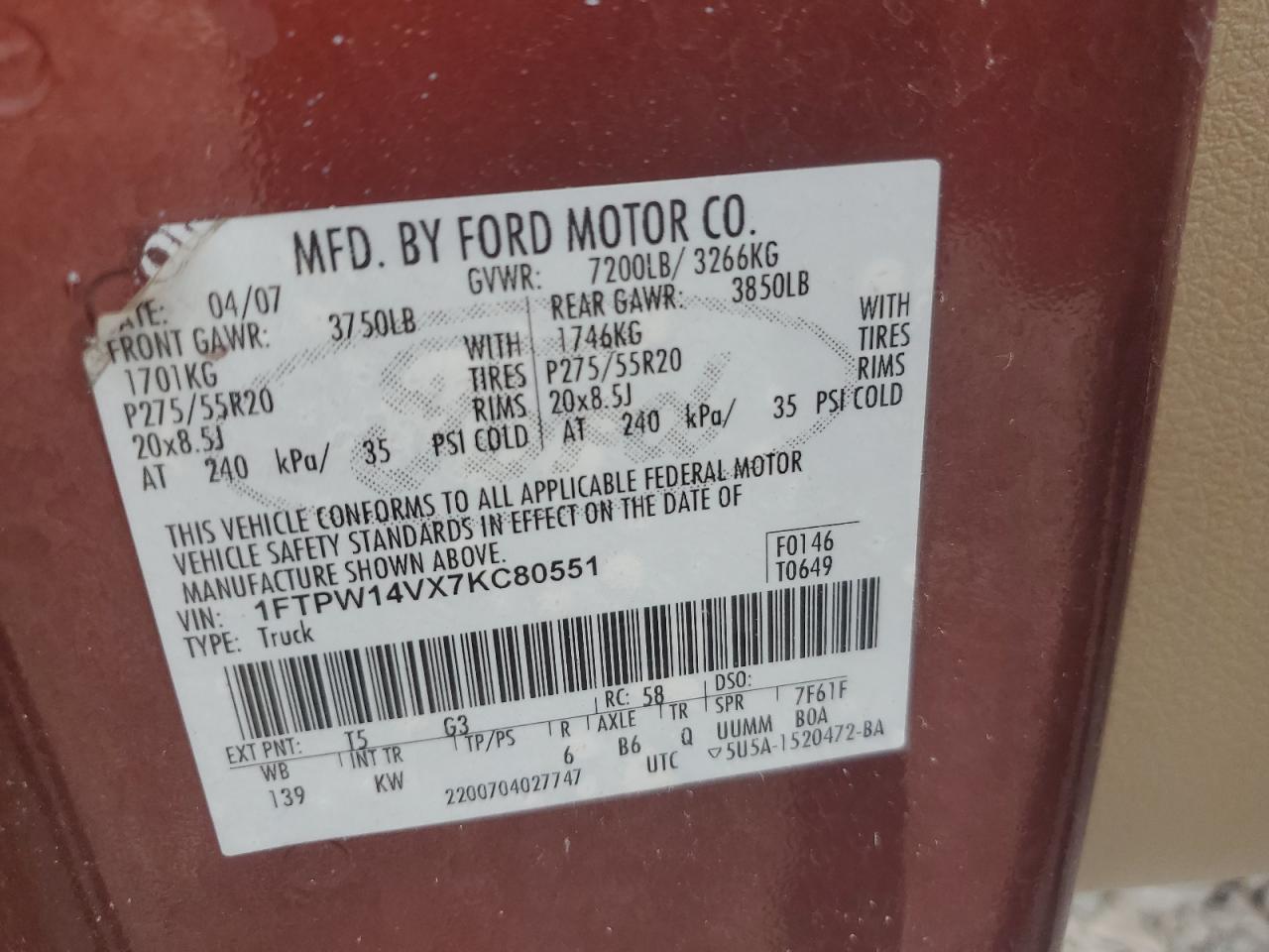 2007 Ford F150 Supercrew VIN: 1FTPW14VX7KC80551 Lot: 69751075