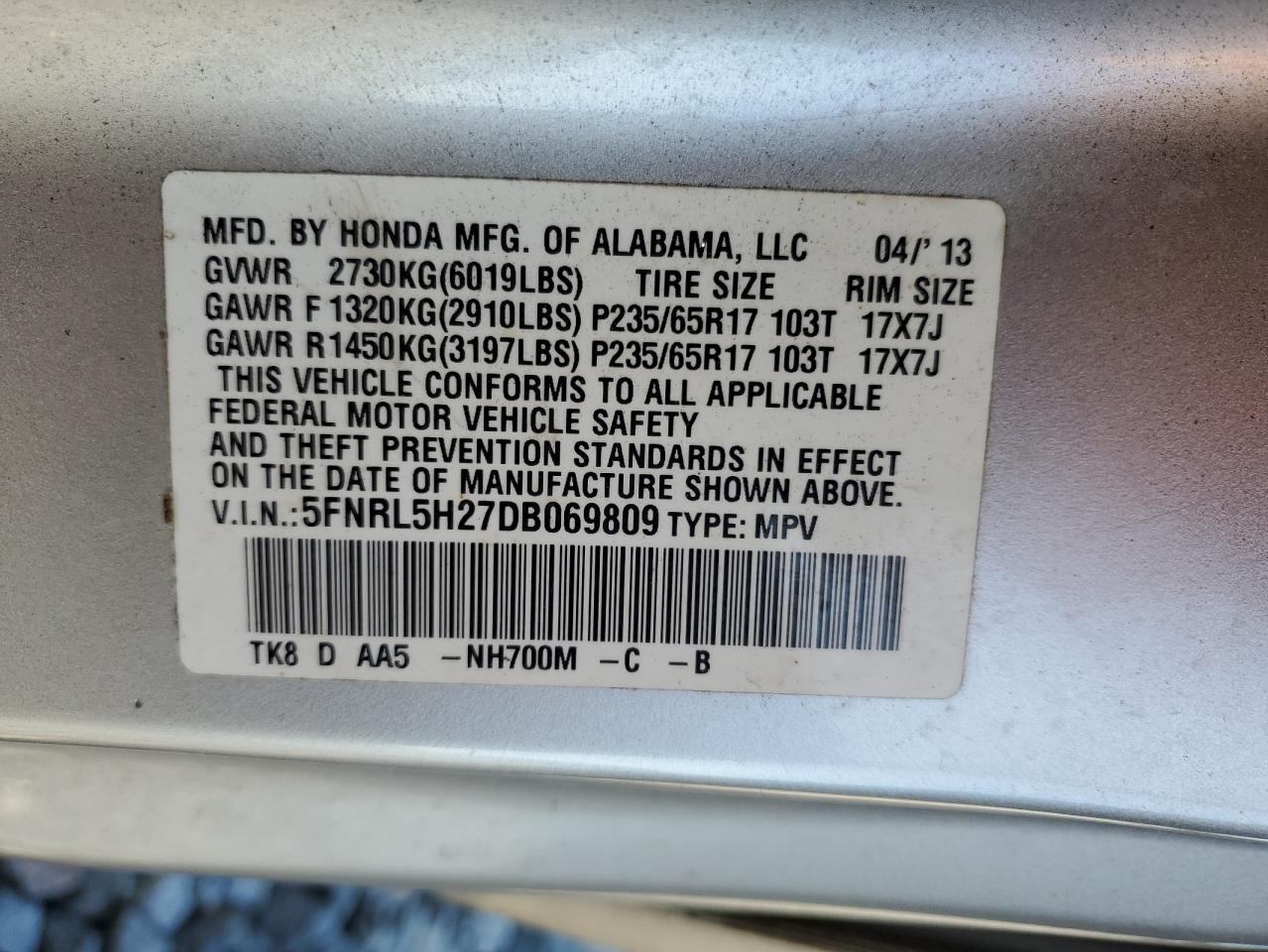 2013 Honda Odyssey Lx VIN: 5FNRL5H27DB069809 Lot: 70873915