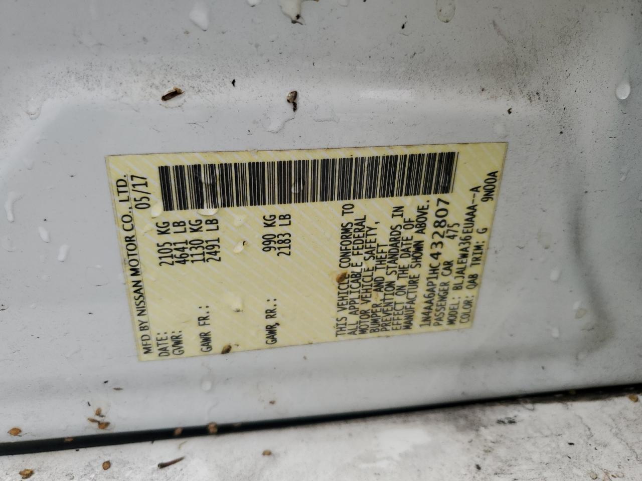 2017 Nissan Maxima 3.5S VIN: 1N4AA6AP1HC432807 Lot: 67797545