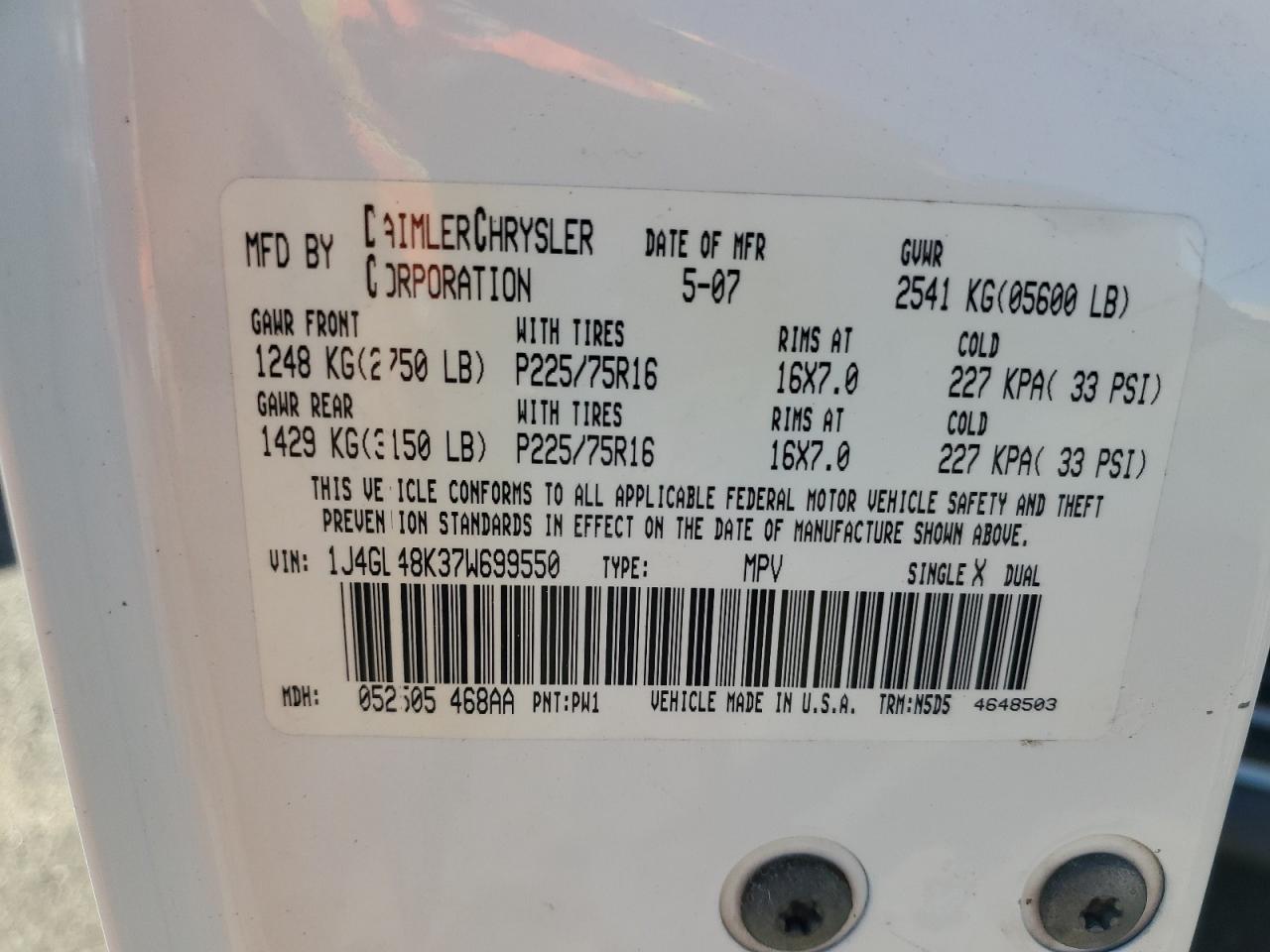 2007 Jeep Liberty Sport VIN: 1J4GL48K37W699550 Lot: 70245755