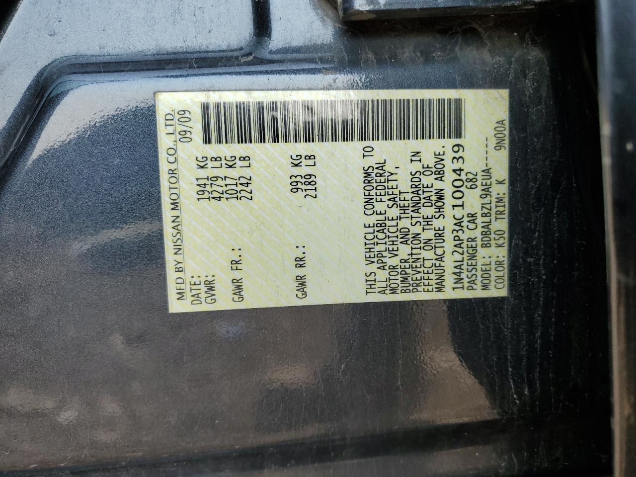 2010 Nissan Altima Base VIN: 1N4AL2AP3AC100439 Lot: 67311405