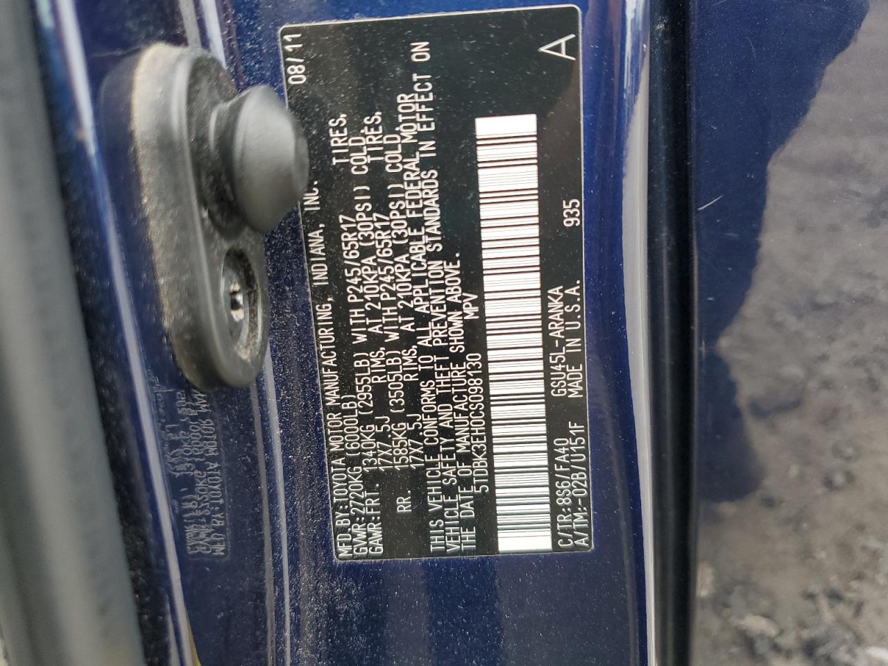 2012 Toyota Highlander Base VIN: 5TDBK3EH0CS098130 Lot: 68331895