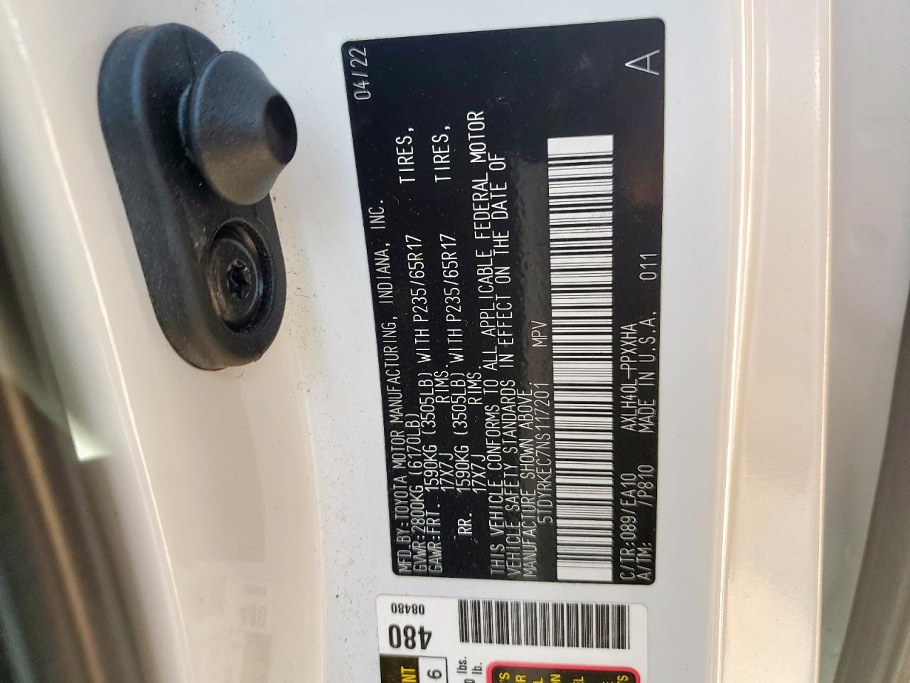 2022 Toyota Sienna Xle VIN: 5TDYRKEC7NS117201 Lot: 67134135