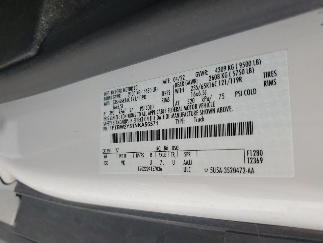 2022 Ford Transit T-350 VIN: 1FTBW2Y81NKA56571 Lot: 69557025