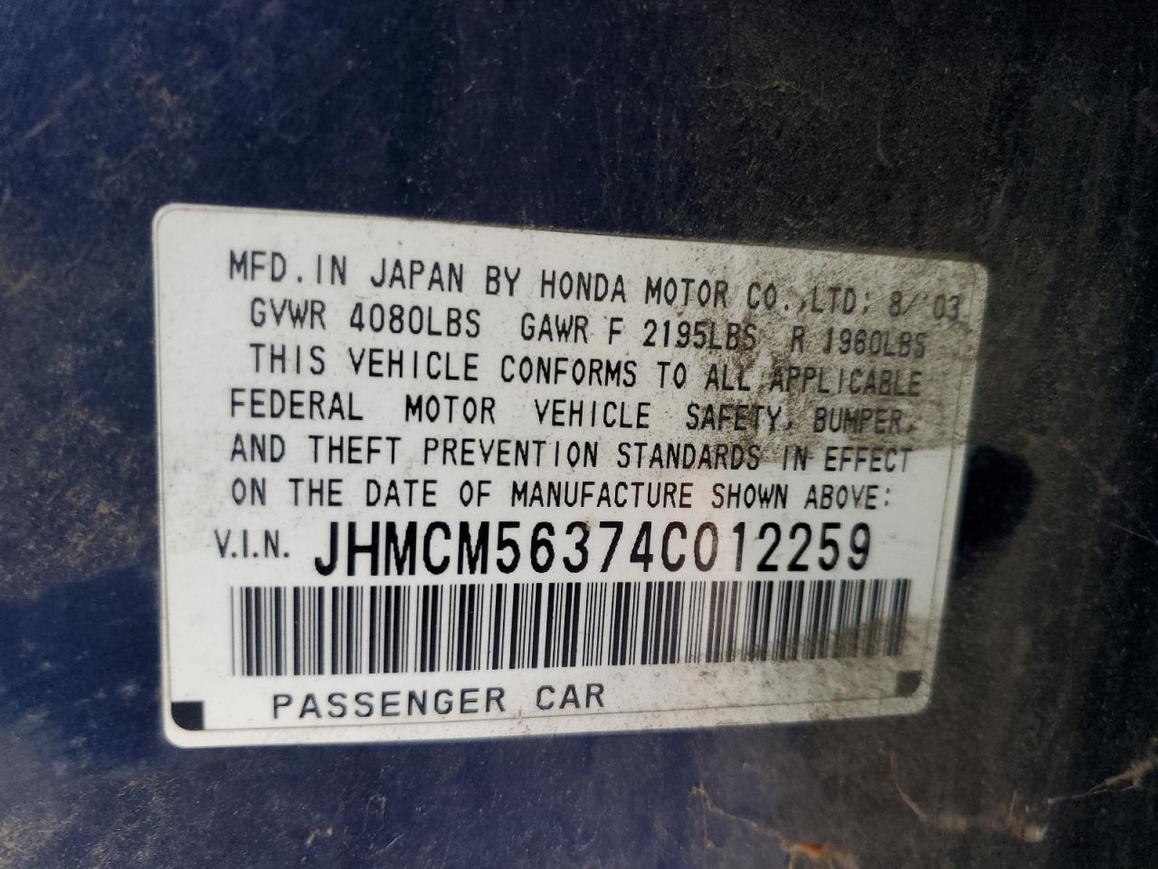 2004 Honda Accord Lx VIN: JHMCM56374C012259 Lot: 70694005