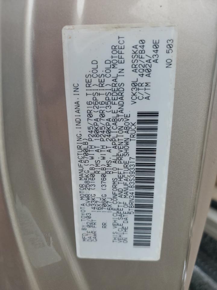 2003 Toyota Tundra Access Cab Sr5 VIN: 5TBRN34183S393317 Lot: 68719295