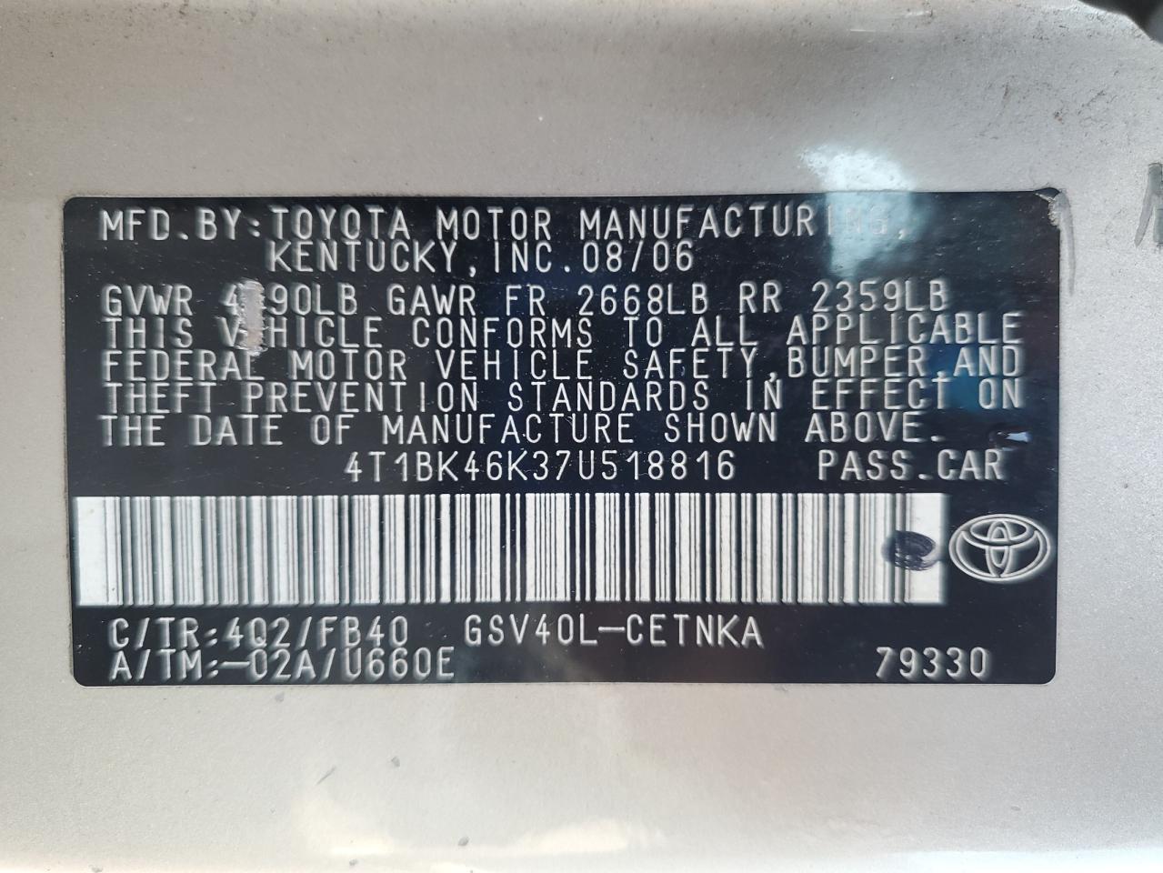 2007 Toyota Camry Le VIN: 4T1BK46K37U518816 Lot: 68781935