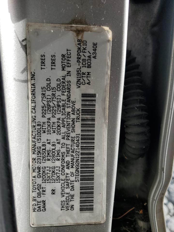 2002 Toyota Tacoma Double Cab Prerunner VIN: 5TEGN92N12Z140431 Lot: 67742545