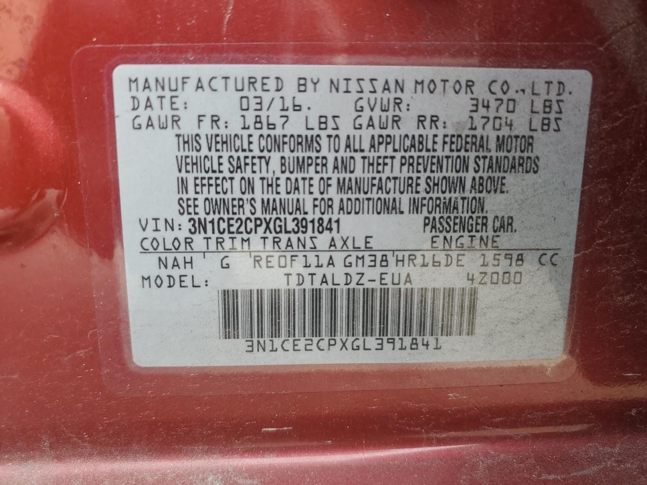 2016 Nissan Versa Note S VIN: 3N1CE2CPXGL391841 Lot: 69549415